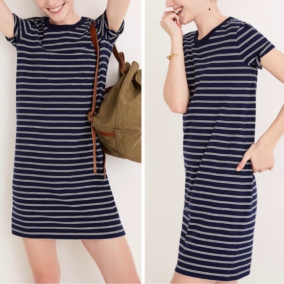 Madewell Dresses & Skirts - Madewell Tina Stripe Crew Neck T-Shirt Dress Blue White Cotton Womens L Preppy
